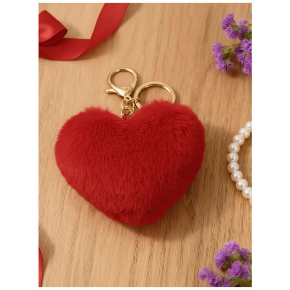 Plush Red Heart Keychain Fluffy Bag Charm Heart Shaped Purse Charm Golden Metal